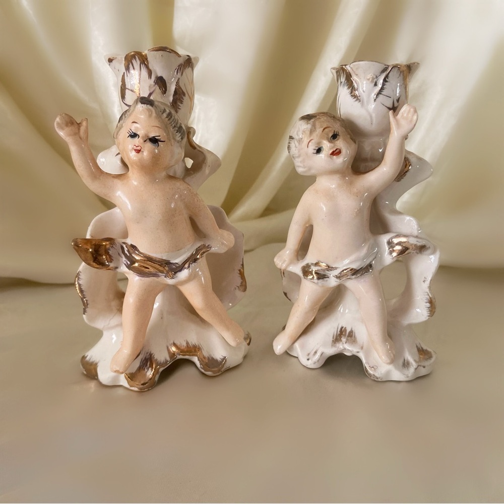 Vintage Angel cherub candlestick holders ceramic home decor centerpiece